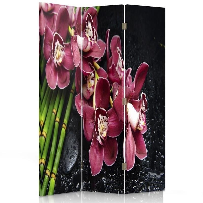 Ozdobný paraván, Orchidej s bambusem - 110x170 cm, trojdielny, obojstranný paraván 360°