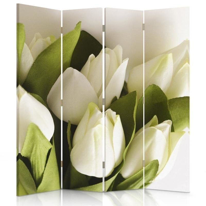 Ozdobný paraván Bílé květy tulipánů - 145x170 cm, štvordielny, obojstranný paraván 360°