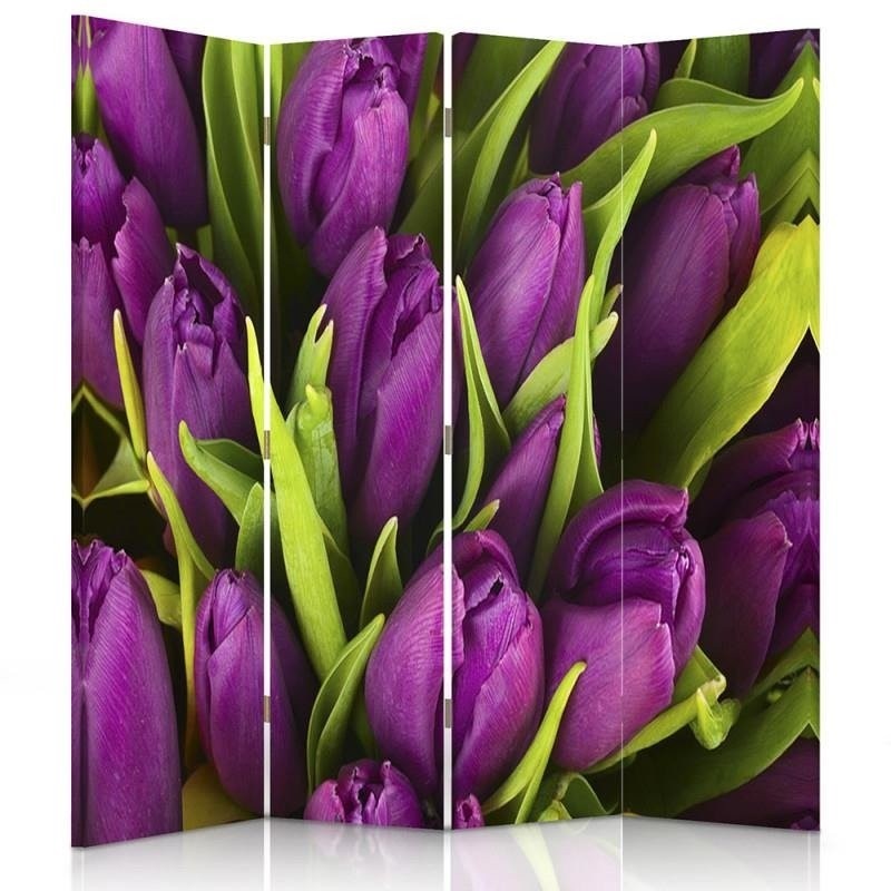 Ozdobný paraván Fialové tulipány - 145x170 cm, štvordielny, obojstranný paraván 360°
